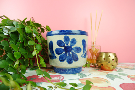 Vintage Ceramic Medium Planter Plant Pot, Hand Painted Floral, Blue Grey, Country Cottage Core Farmhouse Boho Decor 1970S