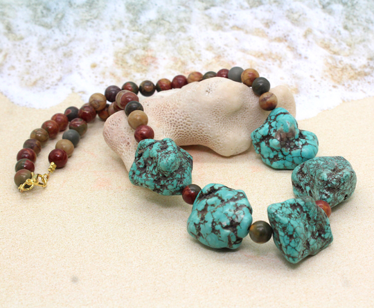 Chunky Turquoise & Jasper Necklace/Balance Nurturing Gemstone Beaded Stone Healing Crystals Sacral Chakra
