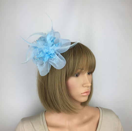 Blue Fascinator On Headband Light Powder Ice Baby Mother Of The Bride Groom Occasion Ladies Day Races