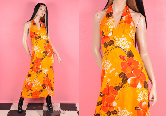 70S Hawaiian Print Maxi Dress/ Xs/ 1970S/ Halter/ Vintage