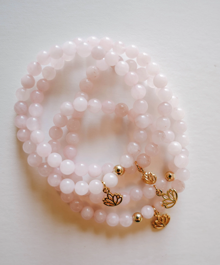 Semi-Precious Rose Quartz Crystal Bracelet With Gold Lotus Charm | Promotes Self-Love, Friendship, Deep Inner Healing & Peace