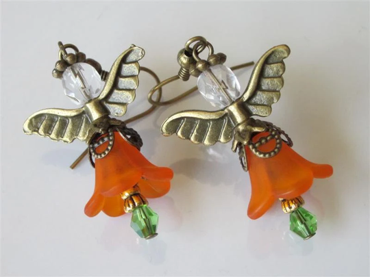 Orange Dangle Earrings, Beaded Sunrise Faery, Small Fall Handmade Jewelry, Lucite Flower Fairy