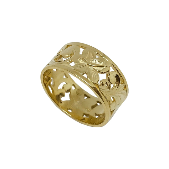 Hawaiian Heirloom Jewelry 14K Yellow Gold Cut Out Hibiscus Flower Scroll Flat Ring From Maui, Hawaii