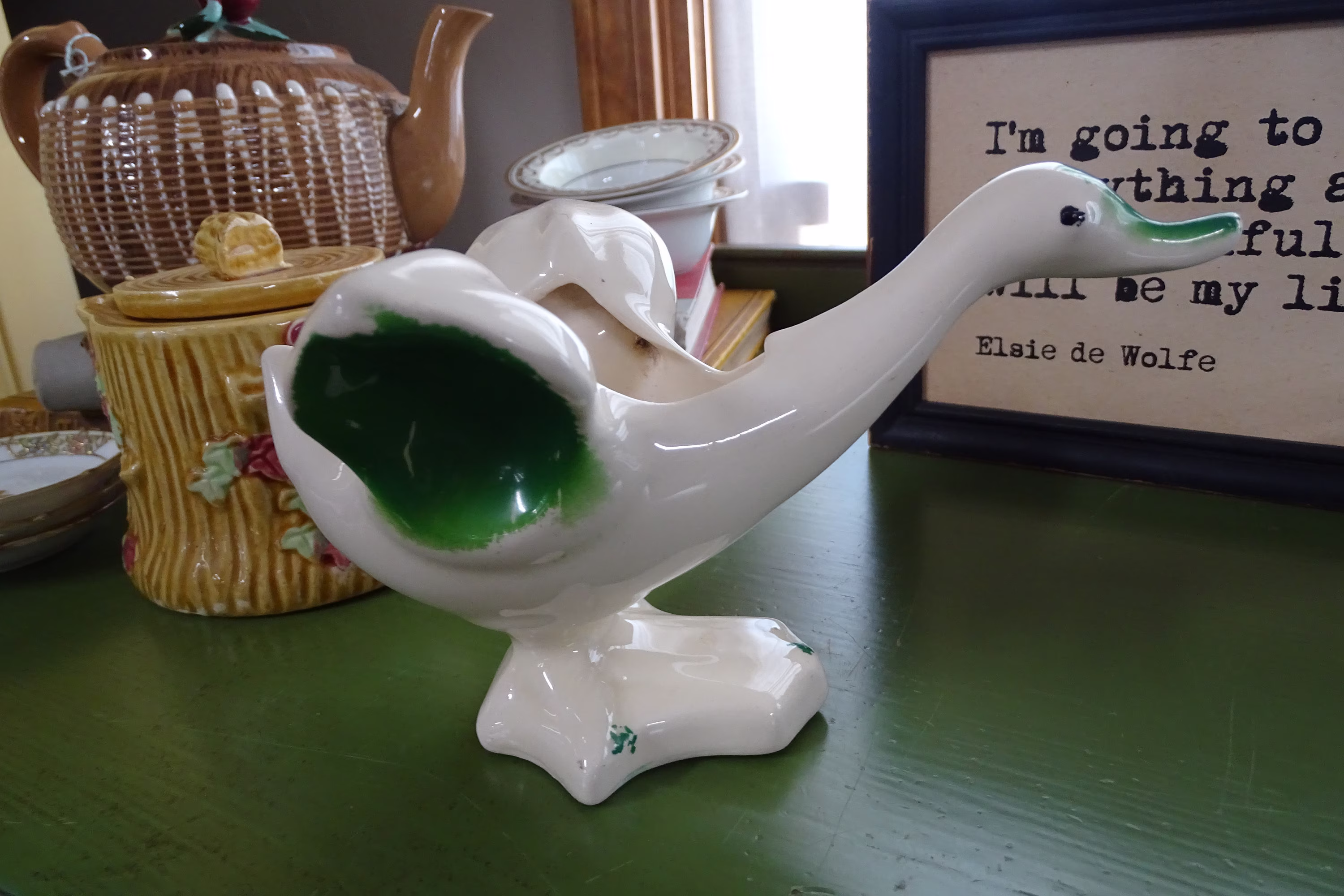 Vintage Ceramic Duck Planter, Mid-Century Modern Planter With Green Accents, Retro Whimsical Water Fowl