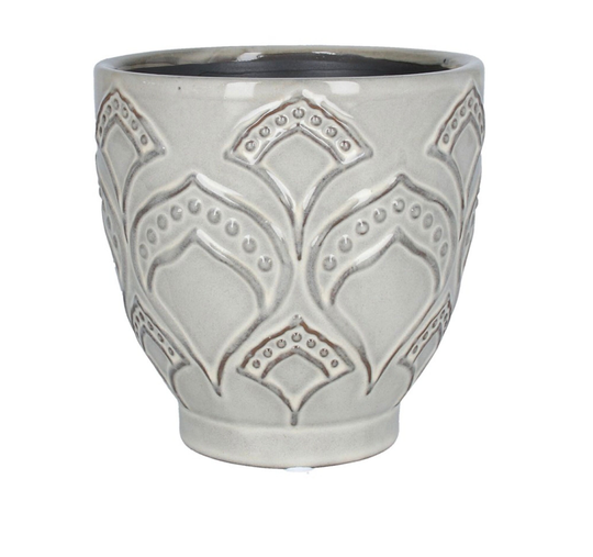 Taupe Retro Damask Leaf Pattern Glazed Ceramic Stoneware House Plant Pot Cover, Indoor Succulent Planter, Bohemian Light Grey