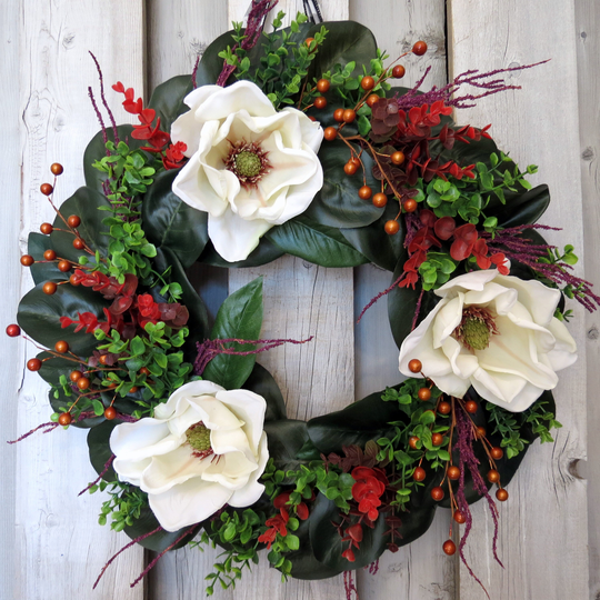 Fall Wreath, All Season Magnolia Wreath Front Door Wreath Spring Summer All Year-Round Cottage Door