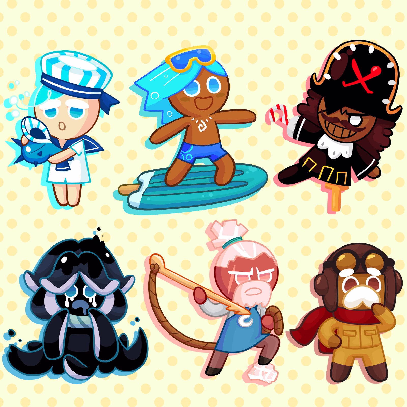 Cute Cookie Run Ovenbreak Peppermint Soda Pirate Squid Ink Salt Pilot Blue Black Yellow 쿠키런 クッキーラン Stickers Buttons