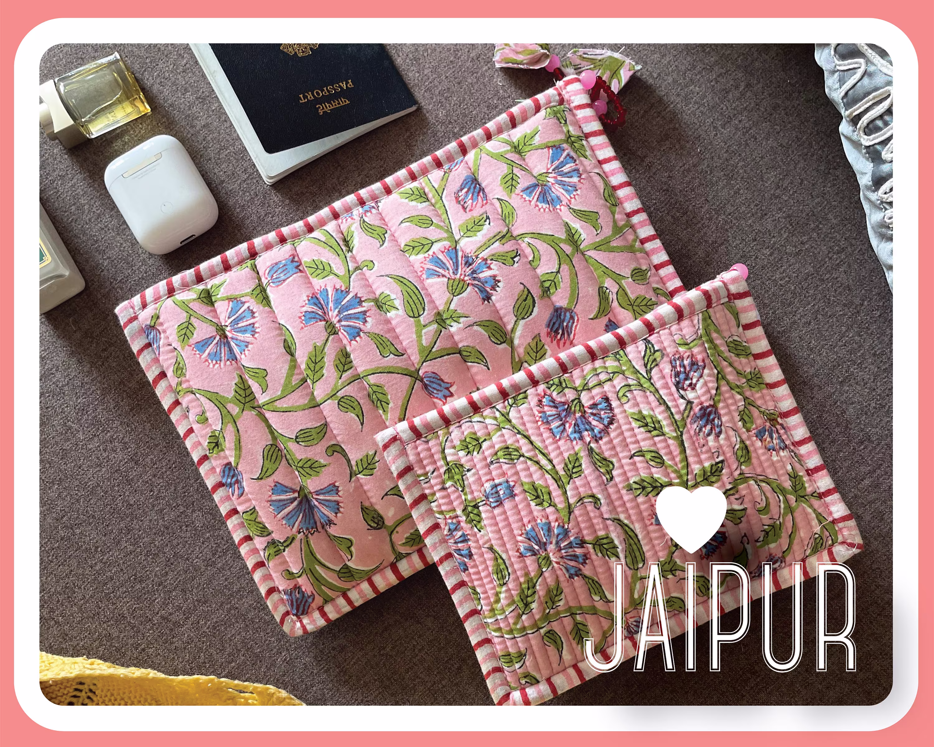 Zero Waste Organic Cotton Block Print Zipper Pouch, Sustainable Handmade Design, Pink Make-Up Kit - Gift For Her