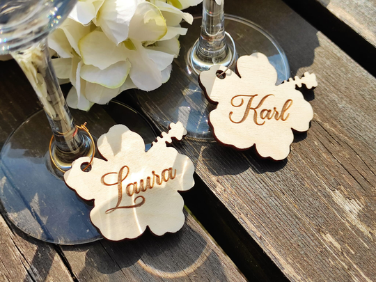 Personalized Hibiscus Wine Charms - Custom Wooden Tropical Party Decorations Hawaiian Place Cards Hawaii Flower Wedding Card