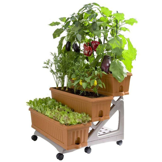 Frankystar - Orto Easy - Kit of 3 planters 80 cm with saucer and 3 levels trolley for compositions or vertical garden. Practical to move. Terracotta