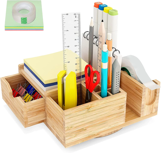 Bamboo Office Desk Organizer With Sliding Drawer | Wood Stationary Pen Holder Storage Supplies