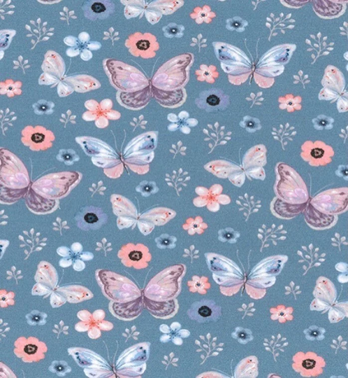 Blue Butterfly Organic Cotton Jersey Fabric, Blue Cotton Jersey, Childrens Oeketex