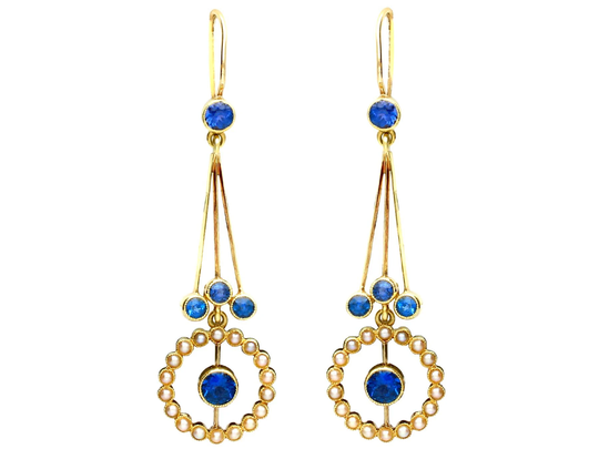 2.02Ct Sapphire & Seed Pearl, 15Ct Yellow Gold Drop Earrings - Antique Circa 1910