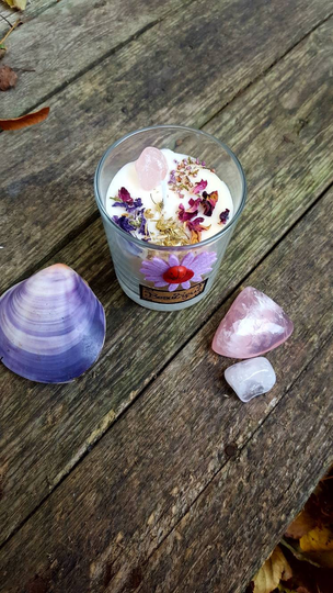 Wiccan Pagan Handmade Beauty Attractive Spell Crystal Candle Rose Quartz Lavender Vanilla Geranium Petals Violet Blue Mallow Flowers
