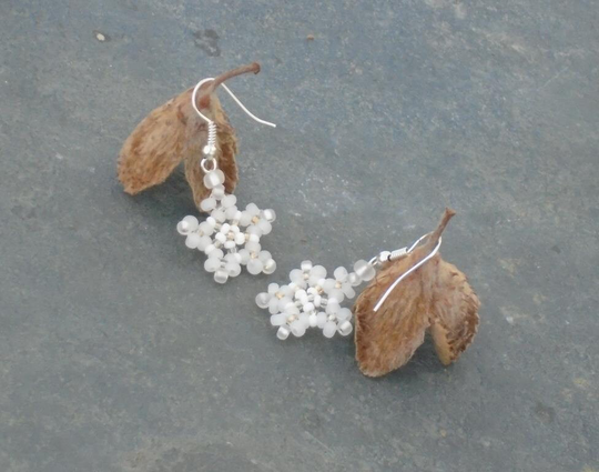 Cow Parsley Earrings, Czech Seed Bead in Frosted White, Champagne Yellow Seed Beads, UK Seller