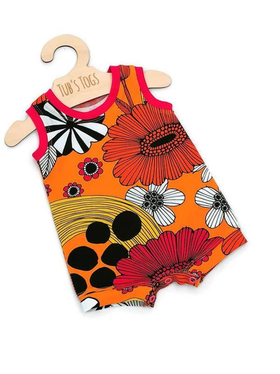 Retro Floral Summer Romper, Organic Baby Clothes, Tank Top Bright Short Unisex Bummies, Handmade in The UK