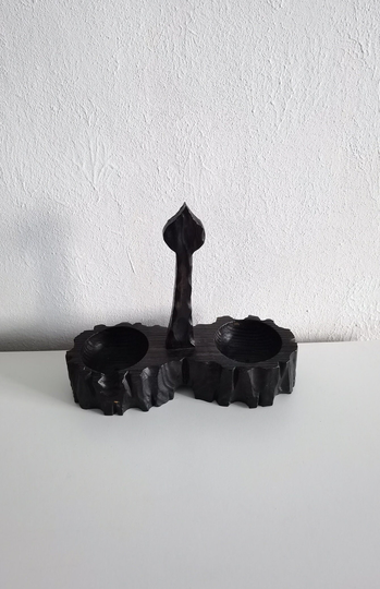 Vintage Spanish Black Carved Wood Candlestick Holder 2 Candle Holder, Open Salt Cellar, Nut, Canddy Bowl - Christmas Gift -Home Decoration