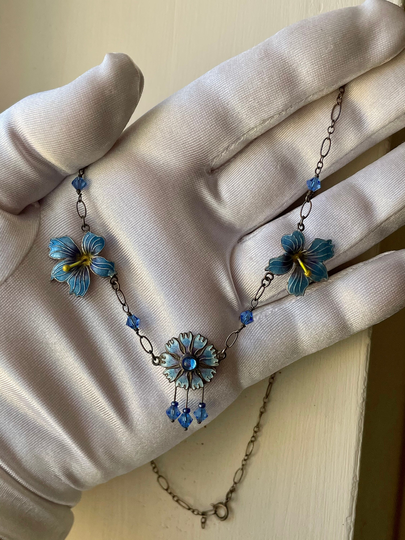 Quality Gorgeous Blue Flowers Enameled Sterling Silver Fine Delicate Chain Beautiful Wedding Necklace Antique Pretty Gift For Bride