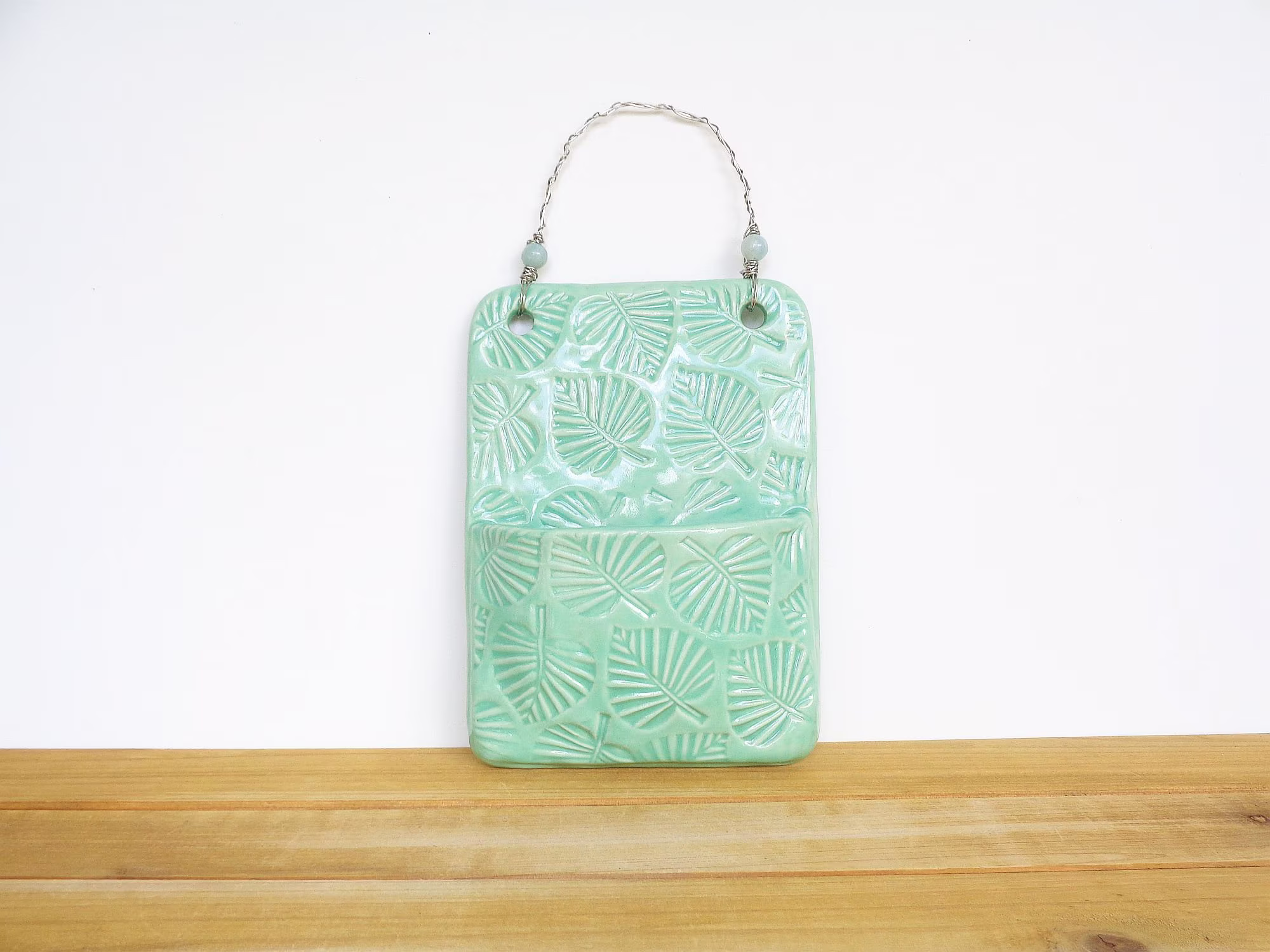 Ceramic Wall Pocket, Handmade Pottery, Stamped Vase, Clay Planter, Mint Green Glaze