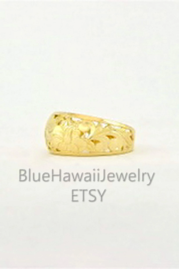 Dome 10mm Cutout Hawaiian Princess Tapered Ring W Flowers Hawaii Scroll 14Ky Gold Black Border Made To Order Jewelry