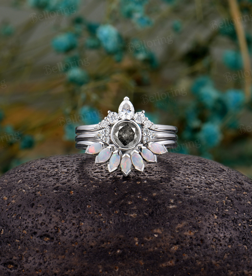 Salt Pepper Diamond Engagement Ring Set White Gold Vintage Blue Topaz Rings Pear Moissanite Marquise Opal Anniversary Bridal