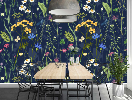 Herbs Removable Wallpaper Dark Floral Peel & Stick Wildflowers Romantic Self Adhesive Vintage Wallpape Mural