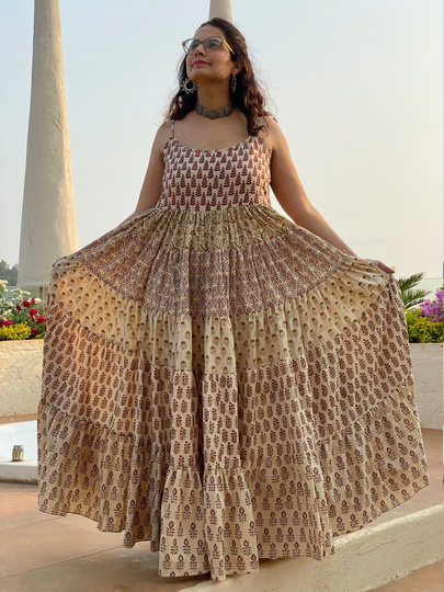 Organic Spaghetti 5-Tiered Dress - Hand-Blocked Mix Patterned Tier Dress Cotton Maxi