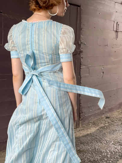 Romantic 1970S Powder Blue Swiss Dot Formal Gown-Puff Sleeve Floral-Princess-Empire Waist-Femme-Cottage Core
