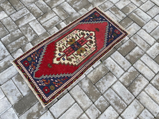 Unique Rug, Organic Turkish Vintage Oushak Wool Small Doormat, Floral Red Beige 1.6 X 3.5 Ft = 50 105cm