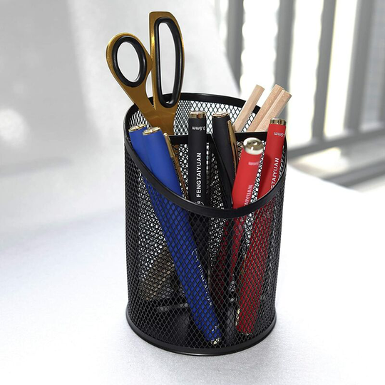 0.49 inch Black Metal Wire Mesh Pen Holder Desk Organizer Office Storage Box with Divided 3 Compartments (Black)