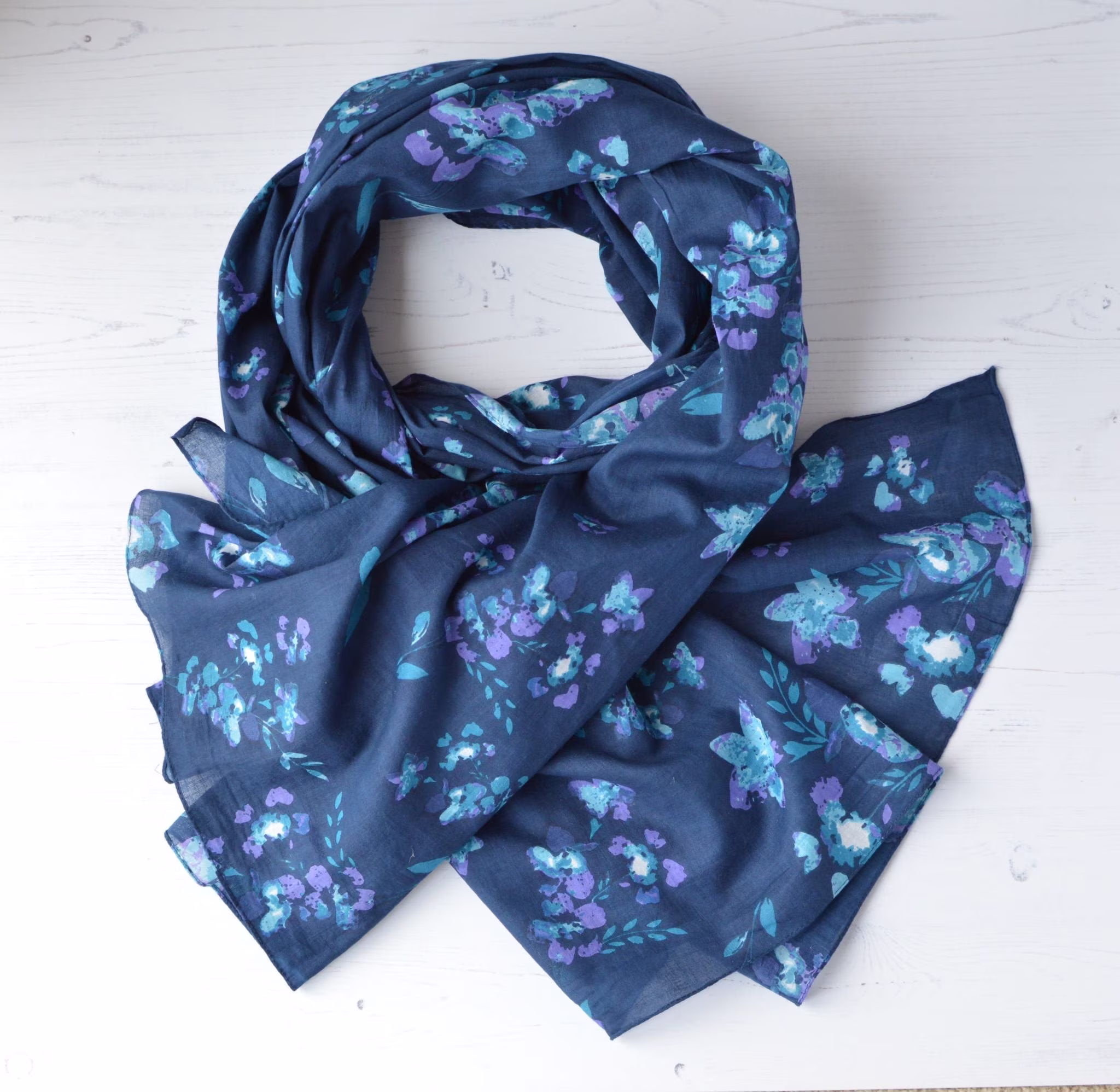 Organic Cotton Scarf Blue Floral Watercolour Inspired Wrap