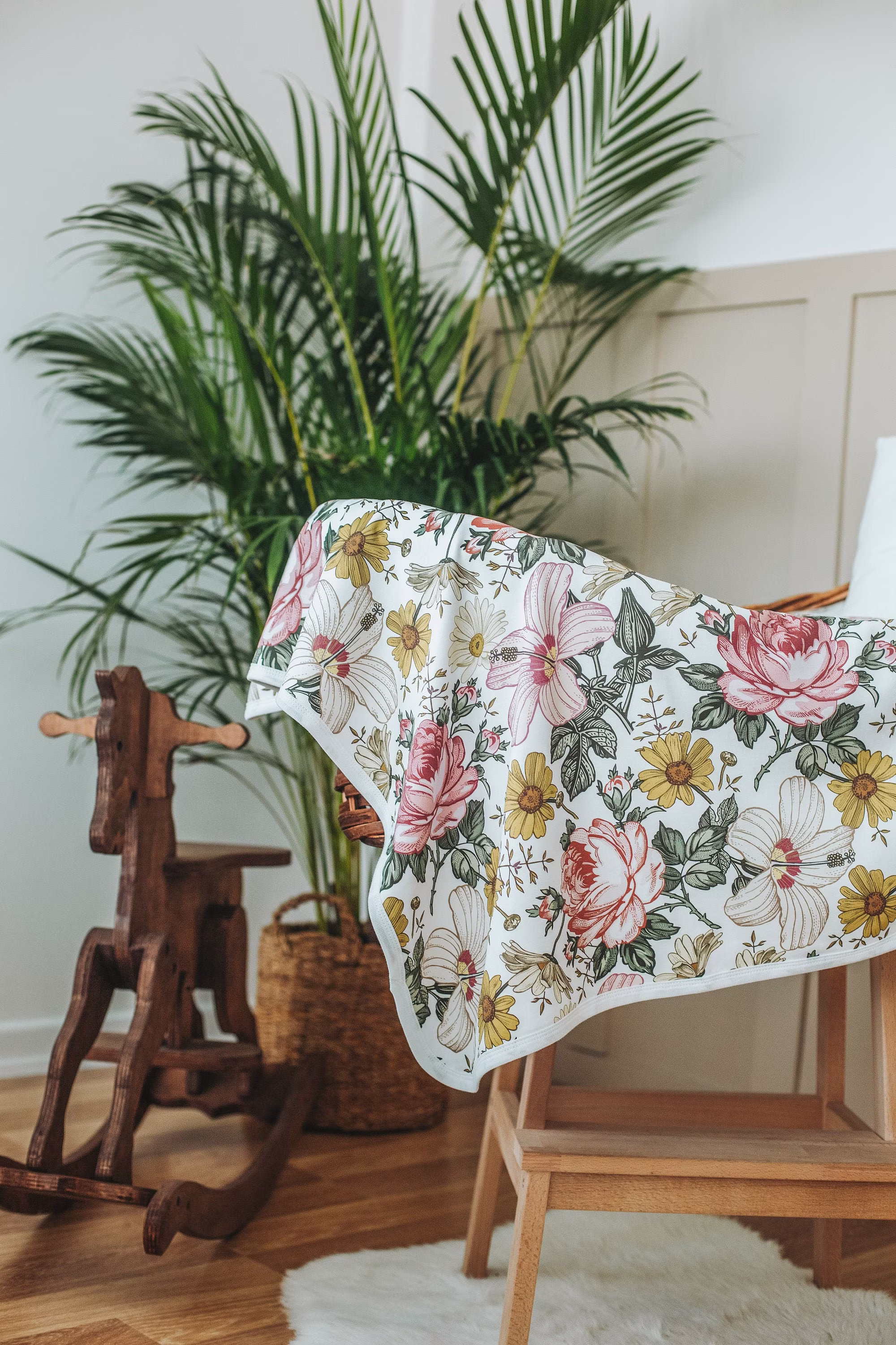 Hibiscus Rose Blanket & Hat, 80x90 cm Blanket, Baby Jersey Hat, Organic Cotton Blanket, Gift Newborn