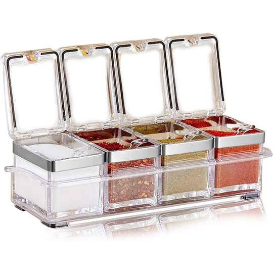 Kitchen Spice Pots 4 Pieces Clear Seasoning Box, Storage Container Condiment Jars Acrylic Seasoning Box with Cover and Spoon