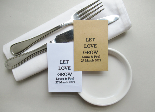 Diy Personalized Seed Favors, Eco Friendly Wedding Packets in Rustic & White, Let Love Grow With Names & Date