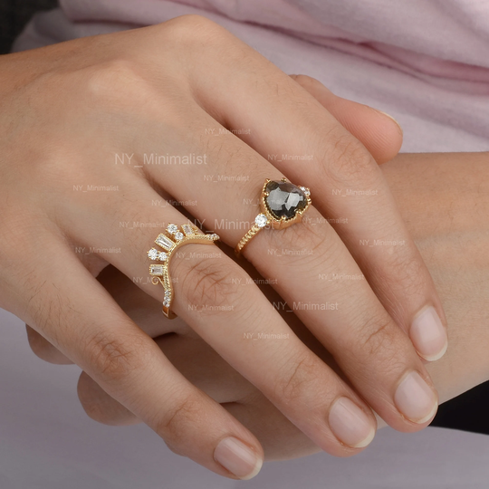 Geometric Rough Pepper Salt Gray Diamond & Baguette Diamonds Nesting Crown Two Rings Set Solid 14K Yellow Gold Certified Jewelry