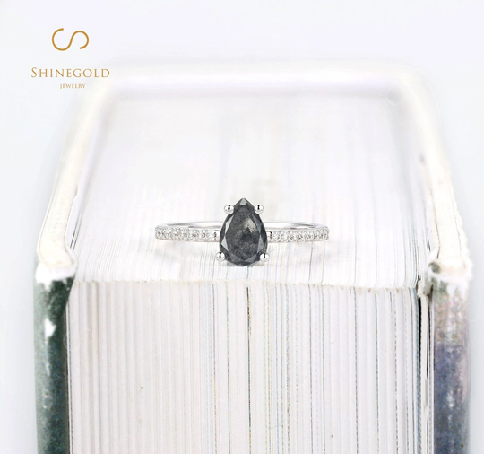 Vintage Salt & Pepper Diamond Engagement Ring Pear Cut White Gold Wedding Bridal Moissanite Half Eternity Art Deco Anniversary
