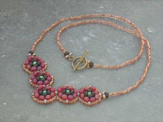 Poppy Necklace, Czech Seed Bead in Frosted Red, Black & Lustered Bronze Seed Beads, UK Seller