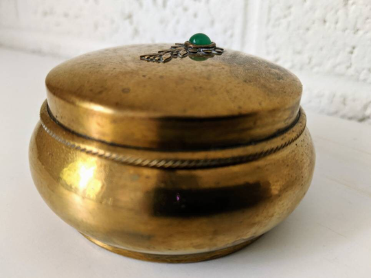 Vintage Brass Pill Or Trinket Box With Gemstone Cabochon | Art Nouveau Arts & Crafts Jewelry Powder