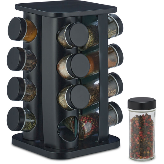 Spice Rack, 16 Glass Jars, Rotatable, Stainless Steel, h x w x d: 27.5 x 20 x 20 cm, Black - Relaxdays