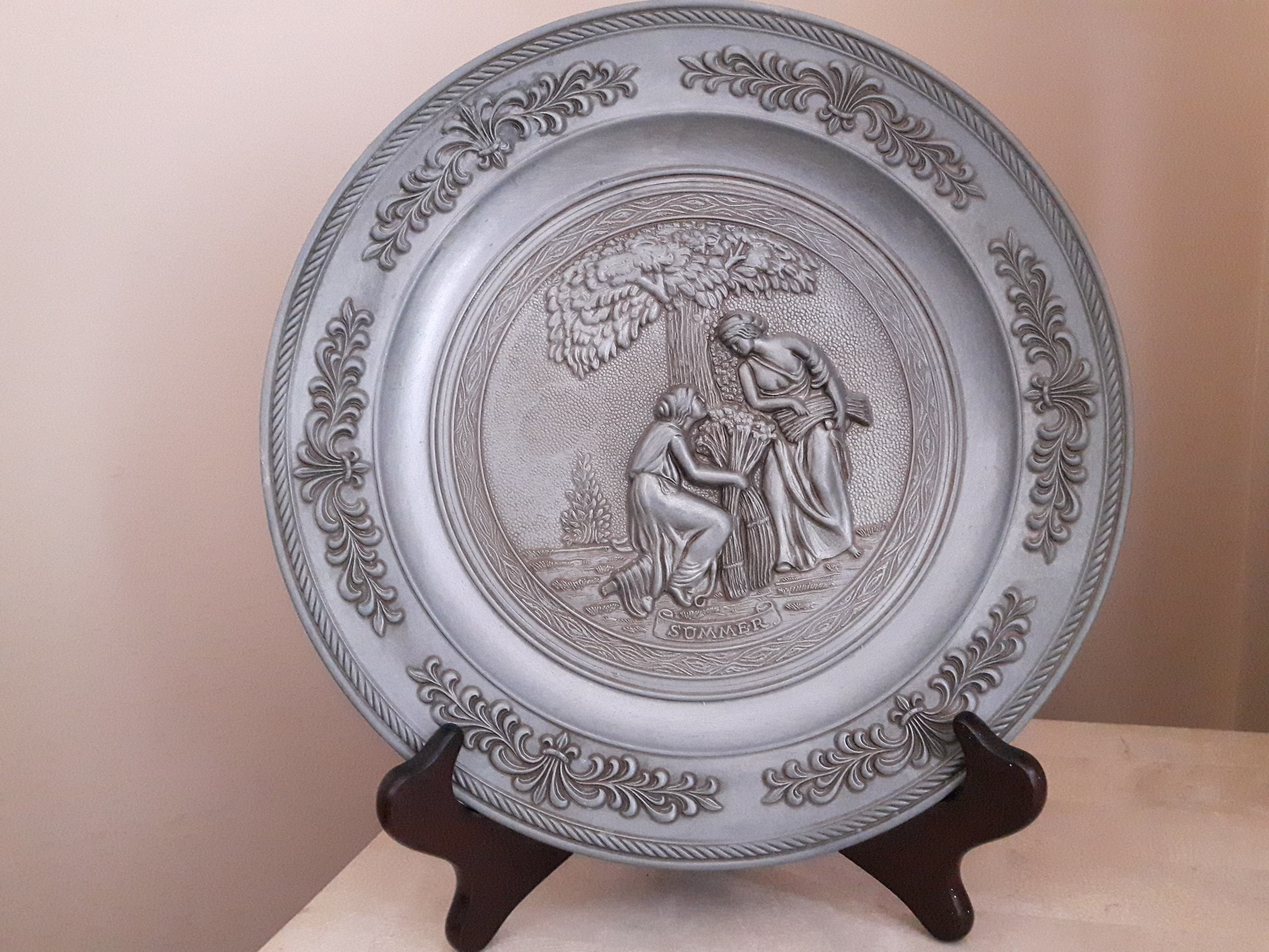 Vintage Embossed Pewter Plate, Four Seasons Summer Display Wall Plate