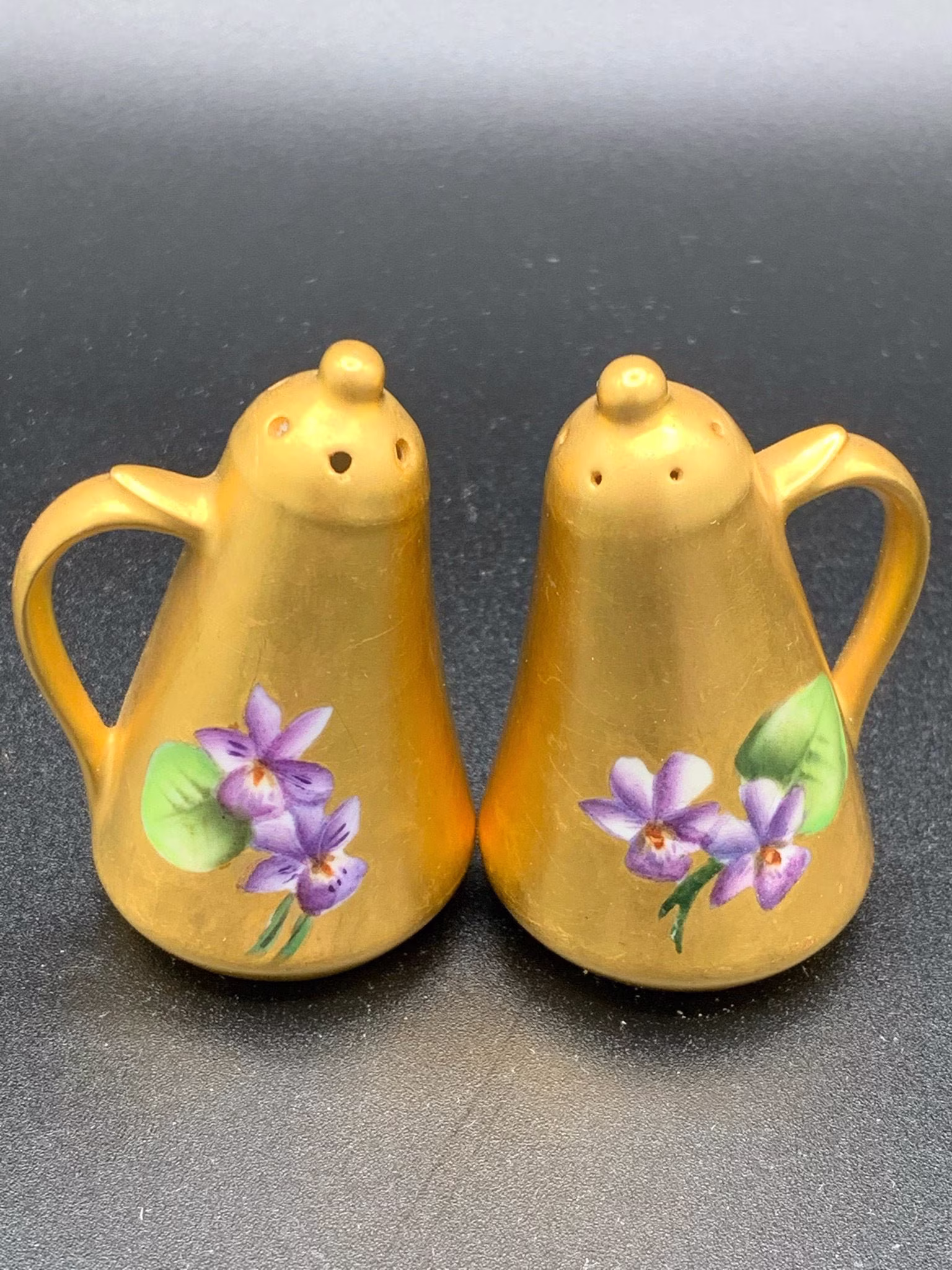 Vintage Salt & Pepper Shakers - Gold Pear Shaped With Purple Hand Painted Flowers Very Pretty