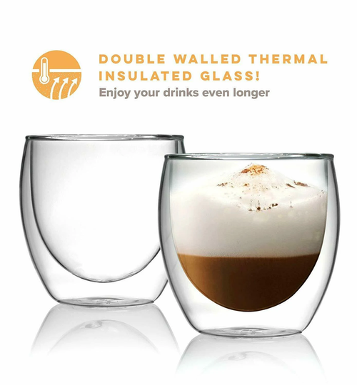 2 8Oz Double Wall Tea Coffee Mugs, Thermal Insulated Glass Modern Drink Ware, Kitchen Cafe Mug Glasses, 250Ml No Handle