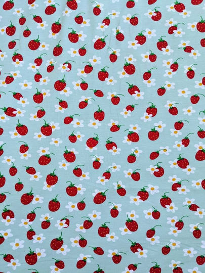 strawberries On Mint Gots Organic Cotton Jersey Fabric