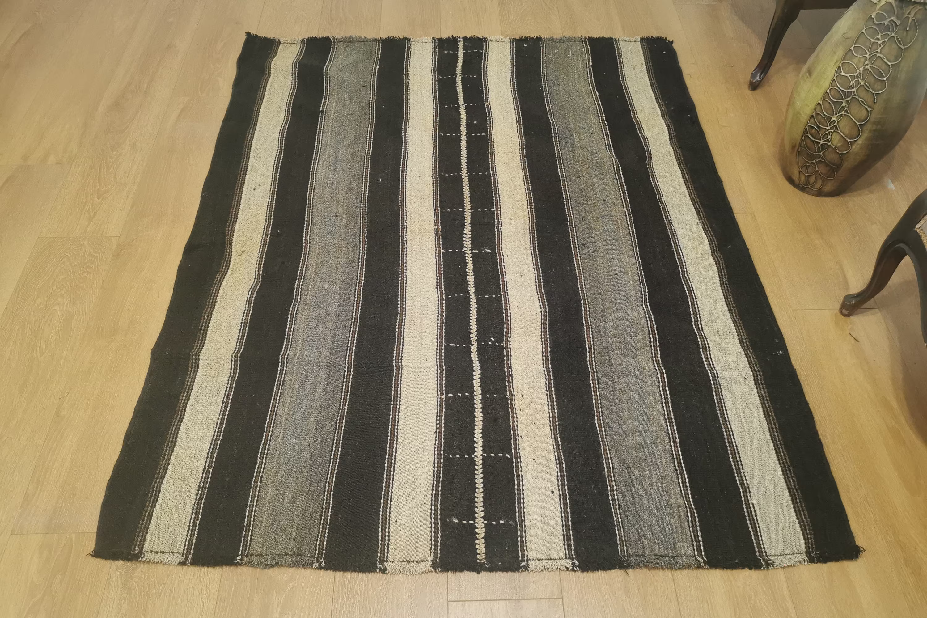 Kilim Black Rug, Goat Hair Striped Rug, Ethnic Organic Outdoor Wool 4.4x5 & Gray