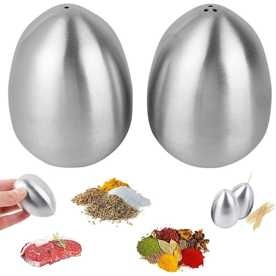 Set of 2 Stainless Steel Spice Jars bbq Pepper Shaker Egg Shaped Salt Shaker (1 Hole & 3 Holes)
