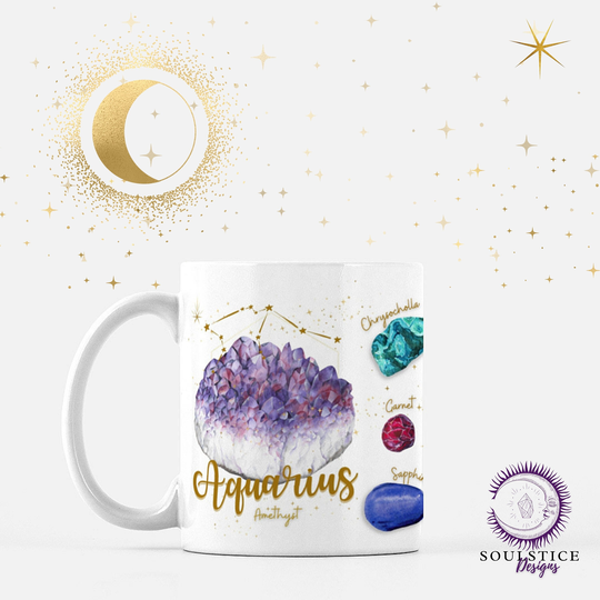 Aquarius Mug/Crystalline Coffee Cup 11 Oz White Crystal Tea Zodiac Astrological