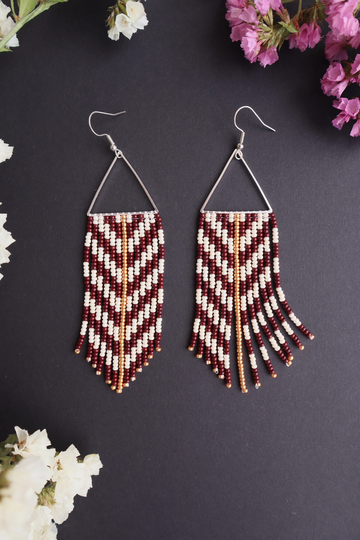 Seed Bead Hoop Earrings Fringe Beaded Champagne Brown Boho Fringe Evening Gold