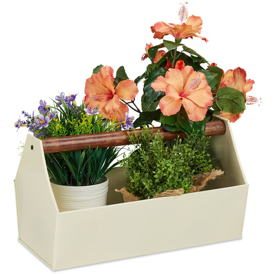 Relaxdays - Zinc Box With Wooden Handle, Decor - Tool Box, Flowers & Herbs, Balcony, Planter, Galvanized Iron, Cream