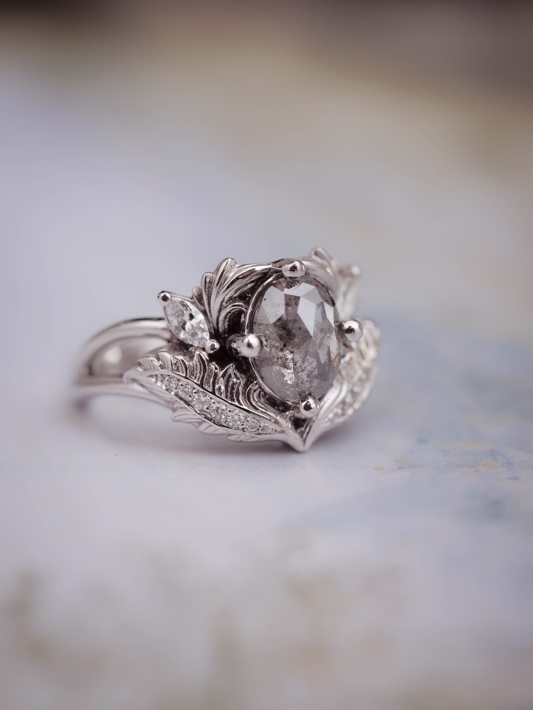 Salt & Pepper Diamond Ring, Alternative Engagement Nature Inspired Leaf Leaves Oval Grey Ring