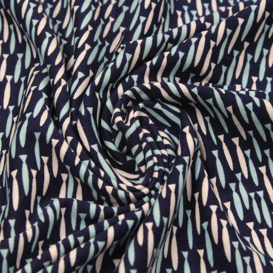 Fish Print/Cloud 9 Interlock Knit Fabric Certified Organic Cotton Life Aquatic Navy Blue - 3/4 Yard- Last Piece